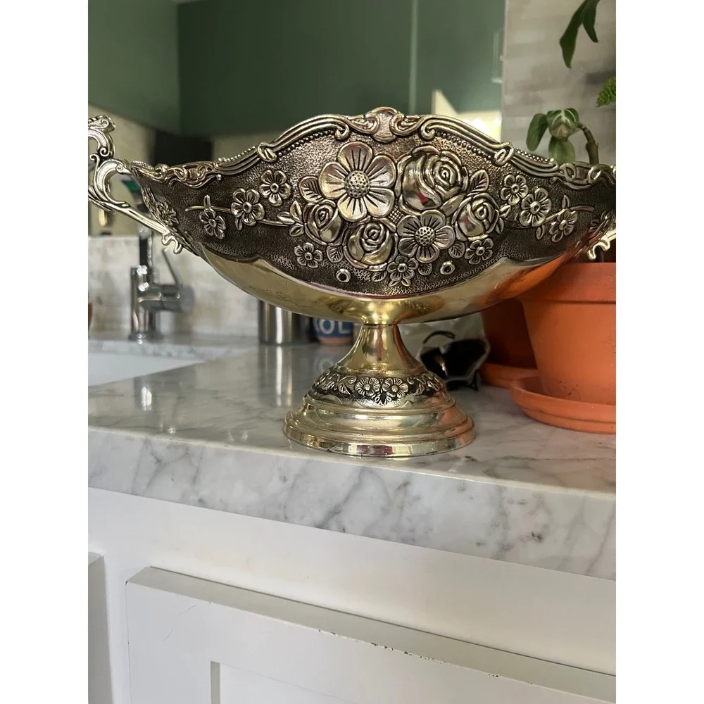 Vintage Silver Floral Embossed Footed Bowl Cache Pot Loving Cup w Handles